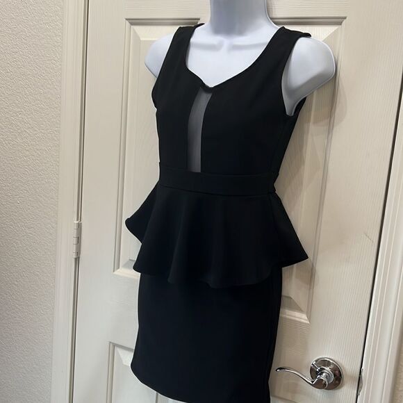 Chocolate USA Black Dress Shirt Sleeve Peplum Skirt Mini Cut Out Zipper Back - Picture 2 of 10